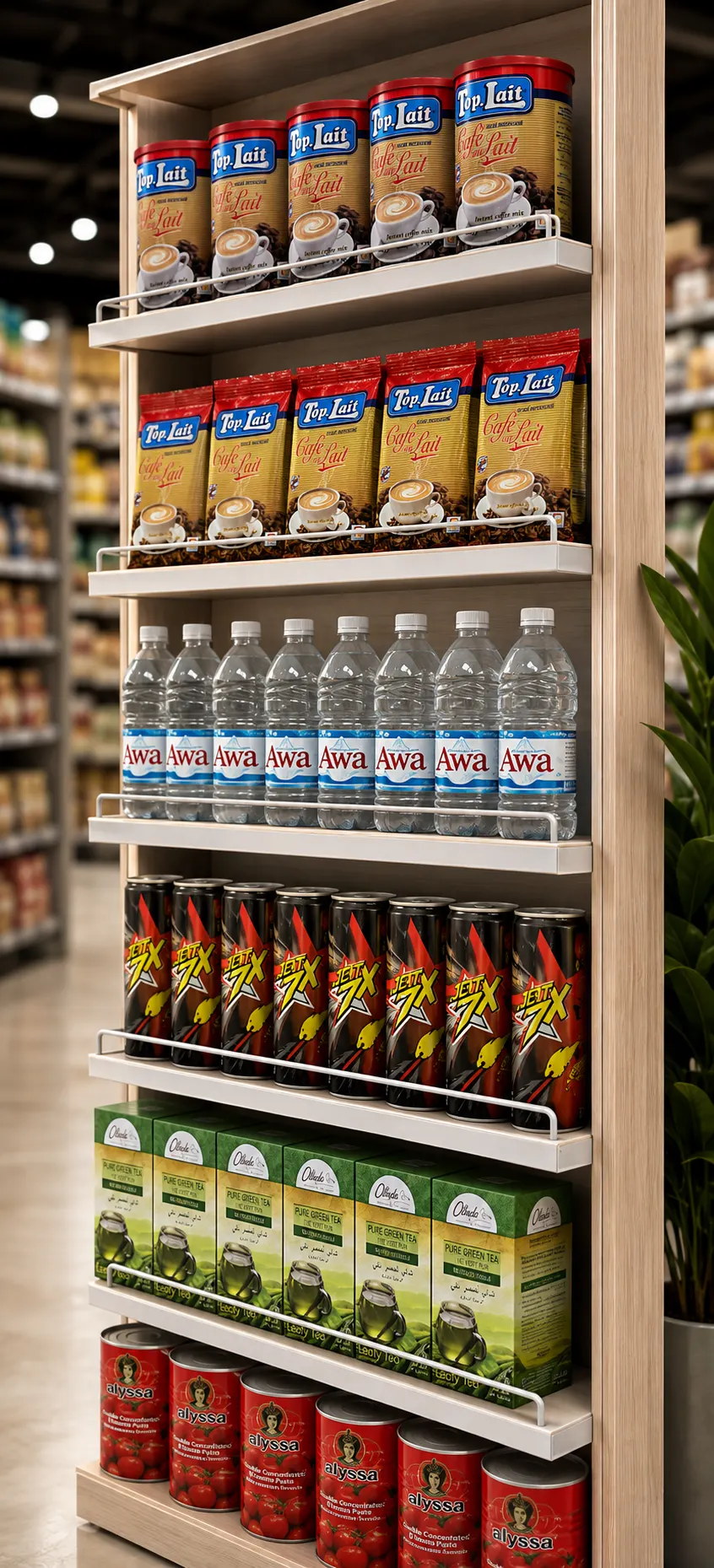 Rayon de magasin garni d’eau minérale Awa et de boissons Jet 7X