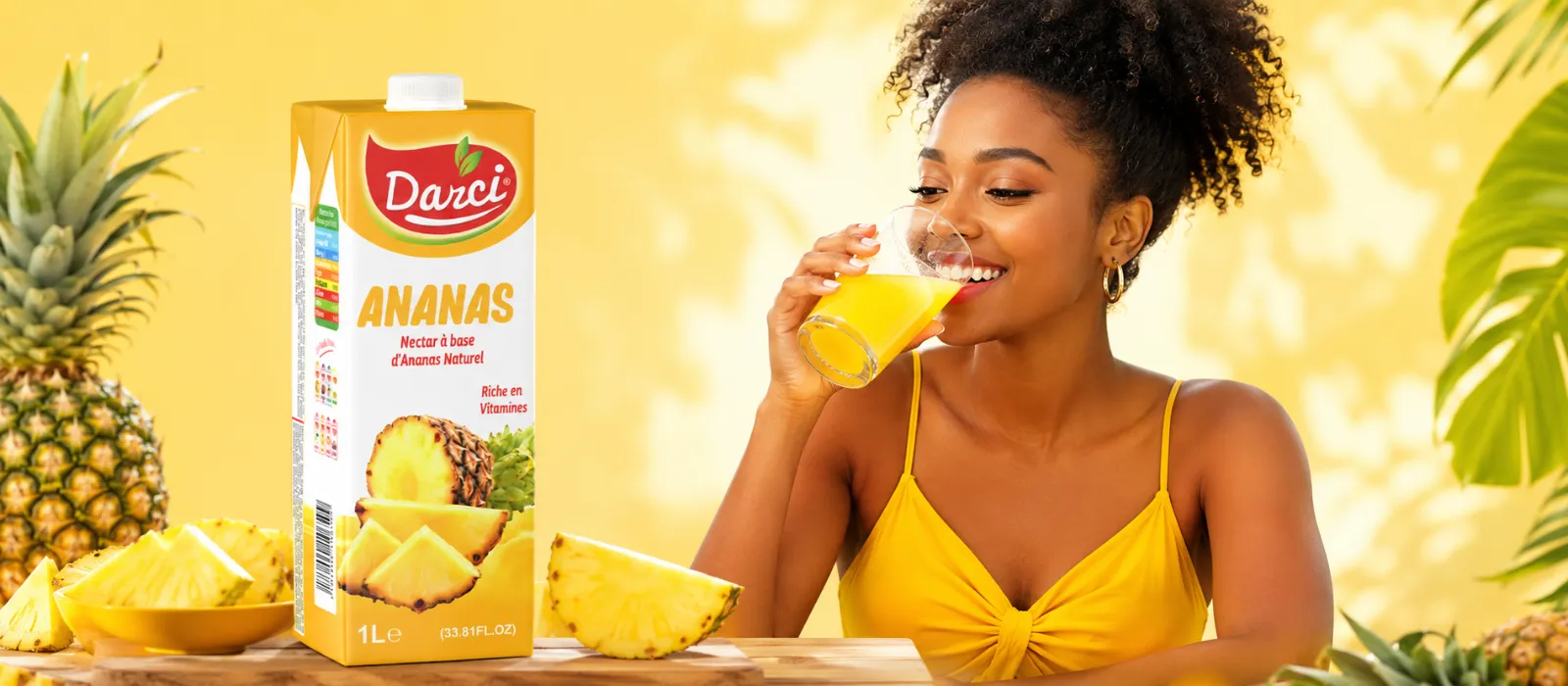 Publicité Darci : une jeune femme savoure un nectar d’ananas Darci