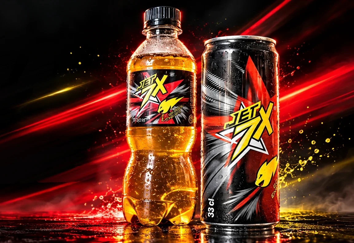 Bouteille de 350 ml et canette de 33 cl de la boisson énergisante Jet 7X, sur fond de traînées lumineuses rouges